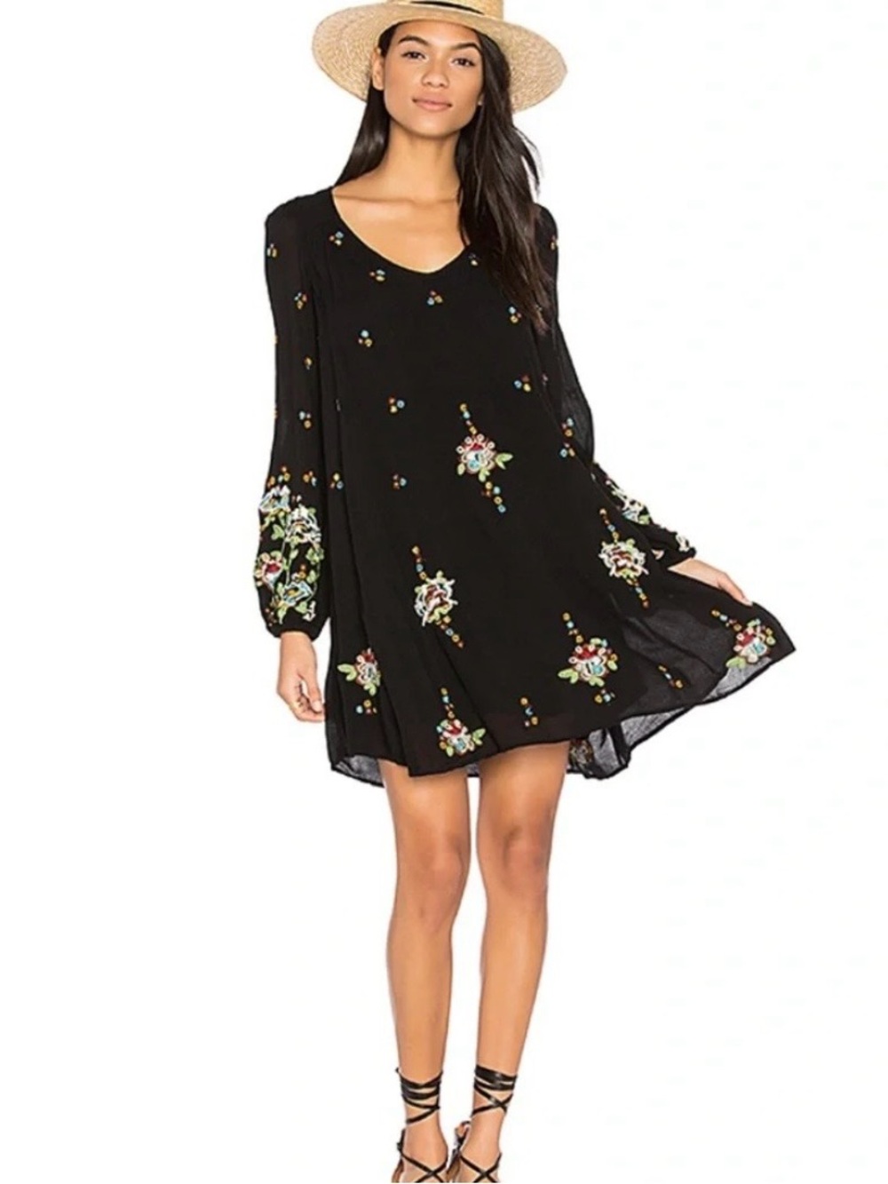 Free People Black Floral Embroidered Mini Dress